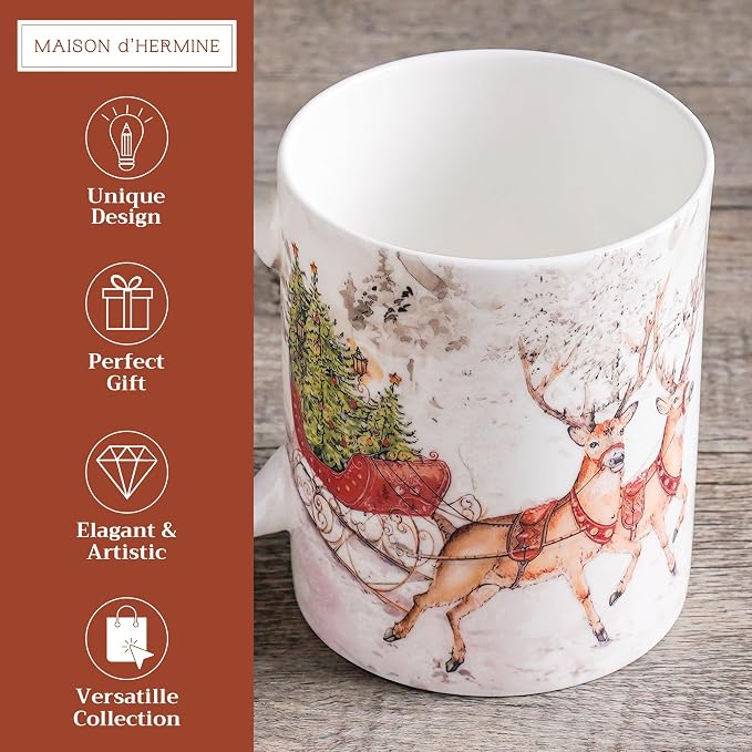 Maison d' Hermine Coffee Mug with Handles Tea Cups (15 Ounce, Pack of 1) | Fine Bone China Coffee Mugs for Hot Beverages Cappuccino Latte Home Hotel Spring Summer -Christmas Tradition - Reindeer