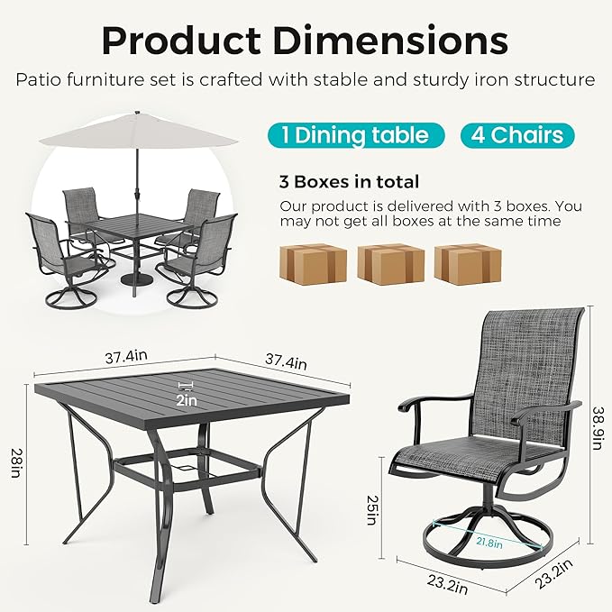 Pamapic 5-Piece Outdoor Dining Set, Patio Dining Set for 4, Outdoor Table and Chairs, All-Weather Outdoor Patio Set with Textilene Swivel Chairs for Garden, Poolside, Deck,Gray