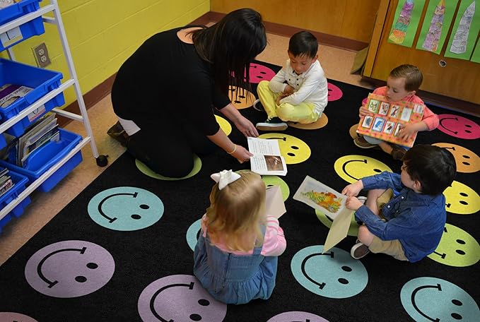 Flagship Carpets Schoolgirl Style Rainbow Smileys in Black Criss-Cross Applesauce Educational Area Rug for Kids Room, Children's Classroom for Teaching & Playroom, 7'6" x 12', Black & Multi, Seats 28