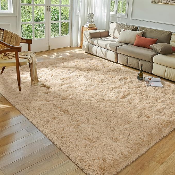 Softlife Rug for Living Room 5.3x7.6 Feet Area Rug for Bedroom Super Soft Shaggy Rugs for Kids Room Fluffy Fuzzy Carpets Long Plush Bedside Rug Nursery Christmas Home Decor for Boys Girls, Beige