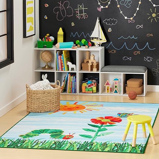 Eric Carle Home Dynamix The Very Hungry Caterpillar Elementary Sun Scene Kids Machine Washable Area Rug, Blue/Green, 35"x51"