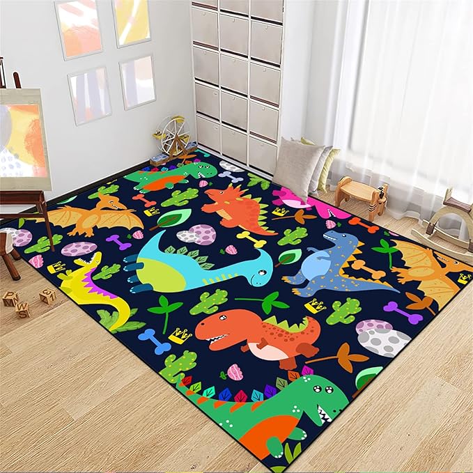 Dinosaur Rug for Boys Room Cartoon Dinosaur Area Rugs Kids Rug Dinosaur Rug Kids Play Rug Dinosaur Play Rug for Bedroom and Kidroom Playing Room,Dark Blue 3'×4'