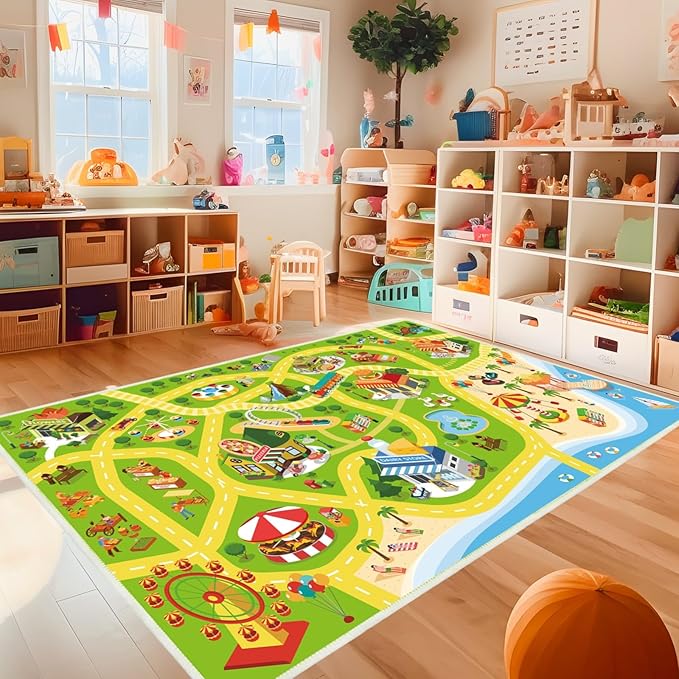 Kids Carpet Kids Car Rug Play Mat for Playroom- 78"x 118" Non Slip Washable Kids Road Rug for Kids- Kids Educational Rug Great for Toddler Classroom Boys Girls Bedroom Decor(Green)