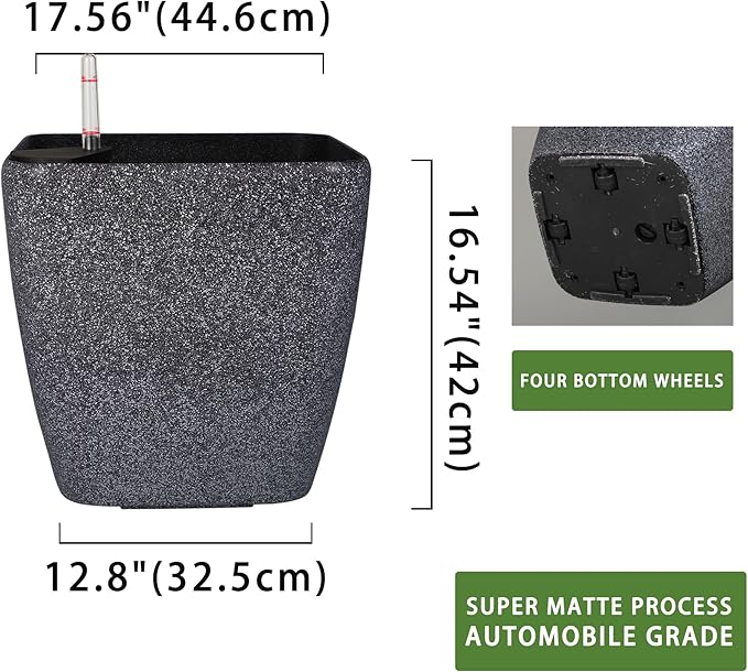 Dexceder 18x17 Self Watering Planter with Wheels Indoor Outdoor, Inner Mat Design, Thickened Large Floor Standing Flower Plant Pot with Water Level Indicator (Stone Matte)