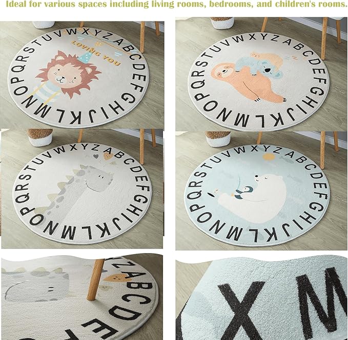 ABC Round Rug for Kids Warm and Soft Alphabet Nursery Animal Area Rugs Fun Rugs for Play Rooms Non-Slip Mats Crawling Mats Decorative Rugs for Bedrooms Living Rooms (Hedgehogs, 78in)