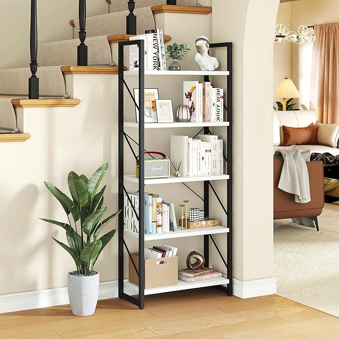 YITAHOME 5-Tier Bookshelf, Freestanding Black and White Book Shelf, Modern Minimalist Open Display Storage Book Shelves Standing Shelving Unit for Living Room Bedroom Home Office, White