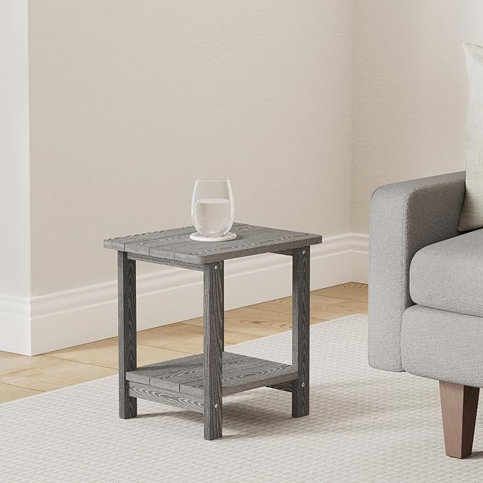 LUE BONA Adirondack Outdoor Side Table, 2-Tier Dark Grey HDPS Patio End Table Weather Resistant, Morden Side Table for Patio, Pool, Porch