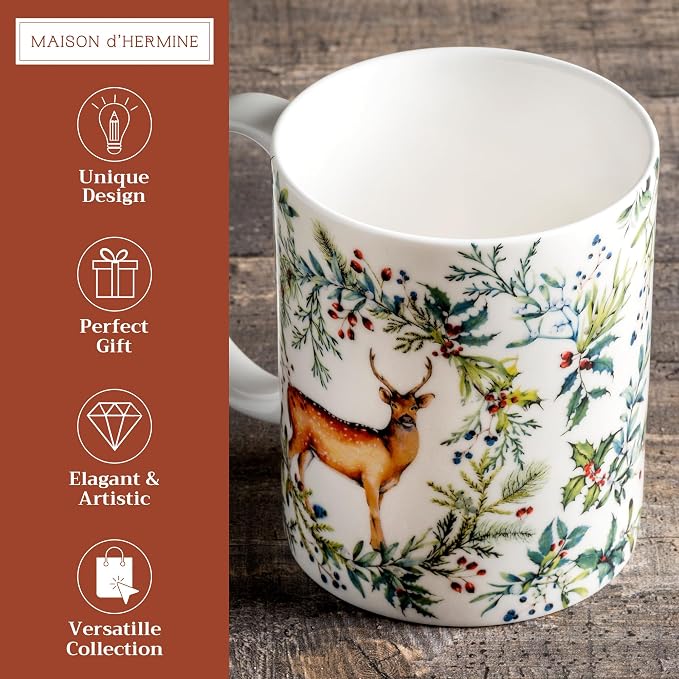 Maison d' Hermine Coffee Mug with Handles Tea Cups (15 Ounce, Pack of 1) | Fine Bone China Coffee Mugs for Hot Beverages Cappuccino Latte Home Restaurant Hotel Spring Summer -Holly Time - Biche