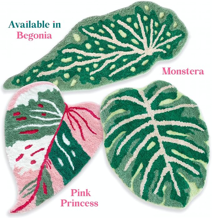 Begonia Non Slip Bath Mat or Kitchen Tufted Rug, Plant Leaf Shaped Kids Pets Floor Mat Carpet, Green, 45.3" x 16.3"
