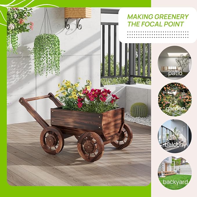 Wooden Flower Cart with Wheels Wooden Wagon Planter Outdoor Garden Planter Decor Planter Kit for Patio Balcony Trolley Decoration Succulent Flower Pot, Indoor Backyard Balcon Decor(Small)