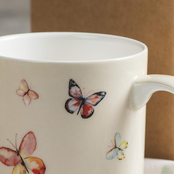 Maison d' Hermine Coffee Mug with Handles Tea Cups (12 Ounce, Pack of 1) | Fine Bone China Coffee Mugs for Hot Beverages Cappuccino Latte Home Restaurant Spring Summer -Botanical Fresh - Butterflies