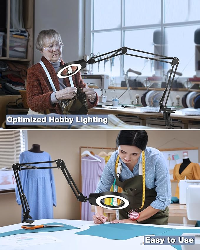 Magnifying Glass Light Stand 10X 5X Swing Arm Desktop Lamp Desk Table Close Work Up for Crafting, Reading, Sewing, Model Assembly, Soldering, Ultra Long 3-Section Design for Large Workbench (Black)