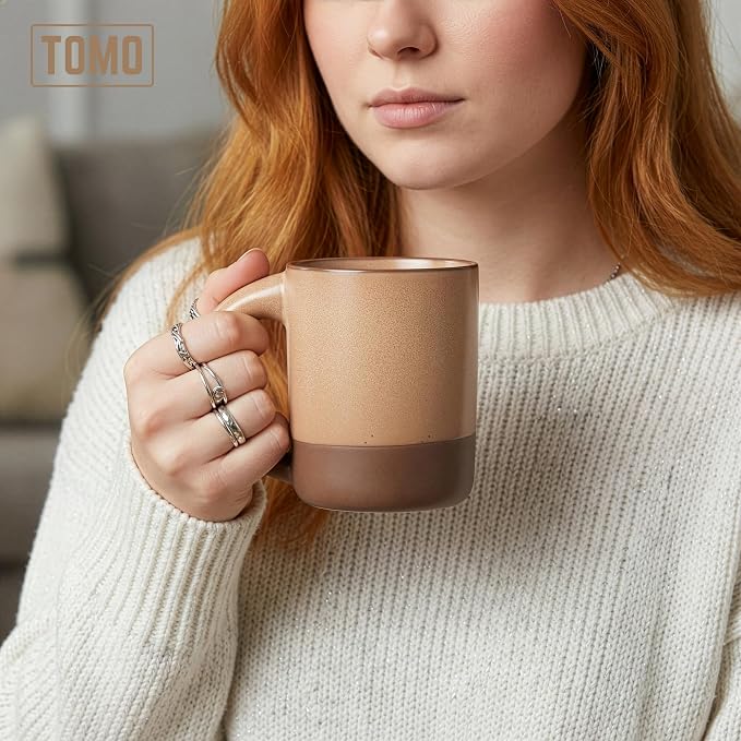 TOMO Mugs Set of 2, 12oz Modern Stoneware Coffee Mugs, Large Handle Ceramic Drinkware - Wheat