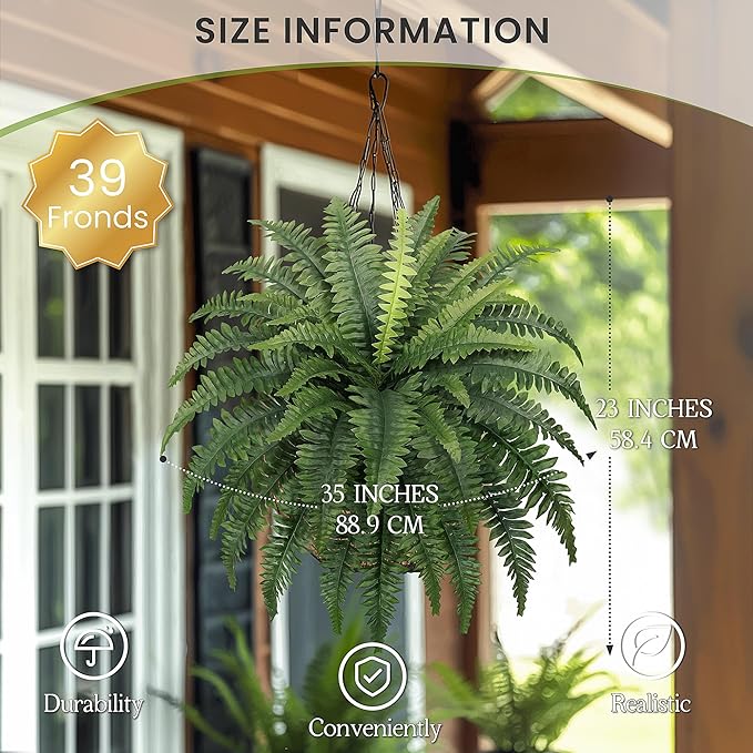 35" Ferns Artificial Bush Plants Large, 2 Artificial Boston Ferns with 39 Fronds for Outdoors Home Decor