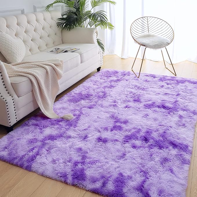 AROGAN Soft Rainbow Area Rugs for Girls Room 4x6 Feet, Fluffy Girls Bedroom Rugs, Princess Rug, Cute Colorful Carpet for Kids Teens Nursery Toddler, Purple