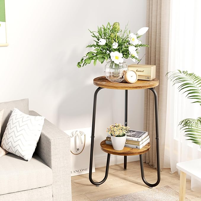2 Tier Wood Plant Stand Indoor, Small Round Flower Pot Stand, 19.6" Tall Single Plant Holder for Living Room, Balcony, Rustic Brown End Side Table(Rustic Brown)