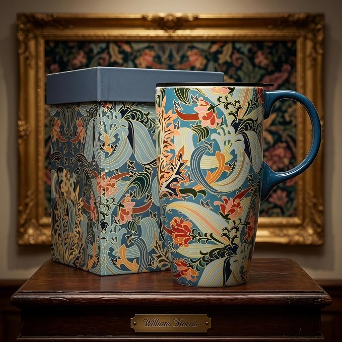 Topadorn 17oz Ceramic Travel Mug with Lid, Art Nouveau Floral Coffee Mug | Vintage Blue Botanical Latte Cup, Microwave & Dishwasher Safe Gift Mug for Home Office Commute