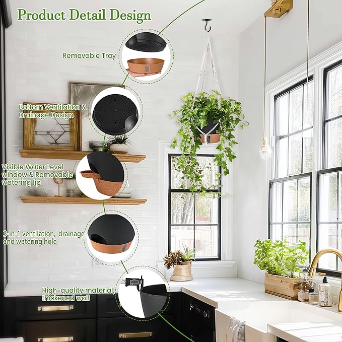 10 Inch Hanging Planters for Indoor Plants, 2 Pack Self Watering Hanging Baskets Flower Pots with Drainage Hole, Visual Reservoir & 2 Kinds of Plant Hanger for Outdoor Garden Home Decor(Black)