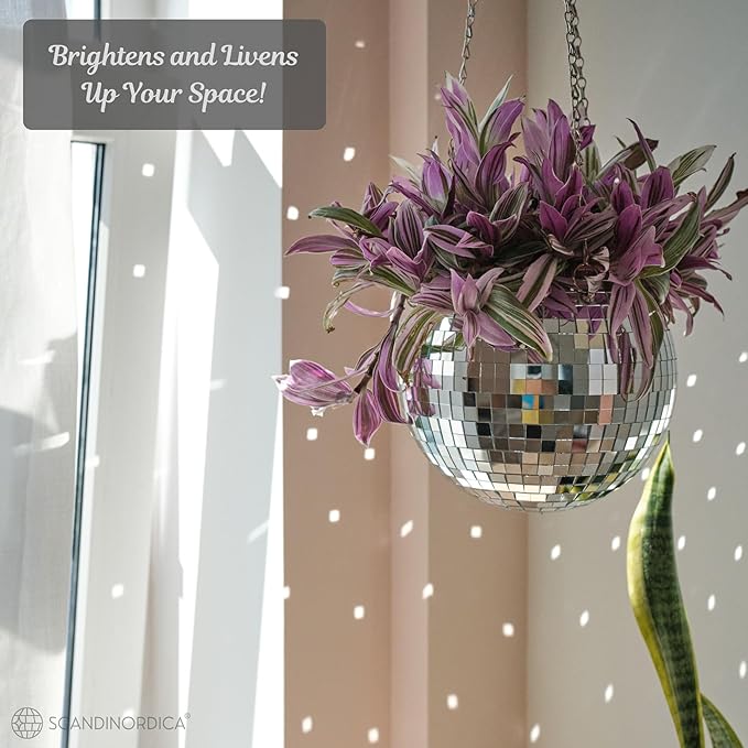 SCANDINORDICA Disco Ball Planter – Value Package: Disco Planter with Chain, Macrame Hanger and Acrylic Stand, Includes Self Watering Insert, Preppy Room Decor, Funky Decor | 8 inch Silver