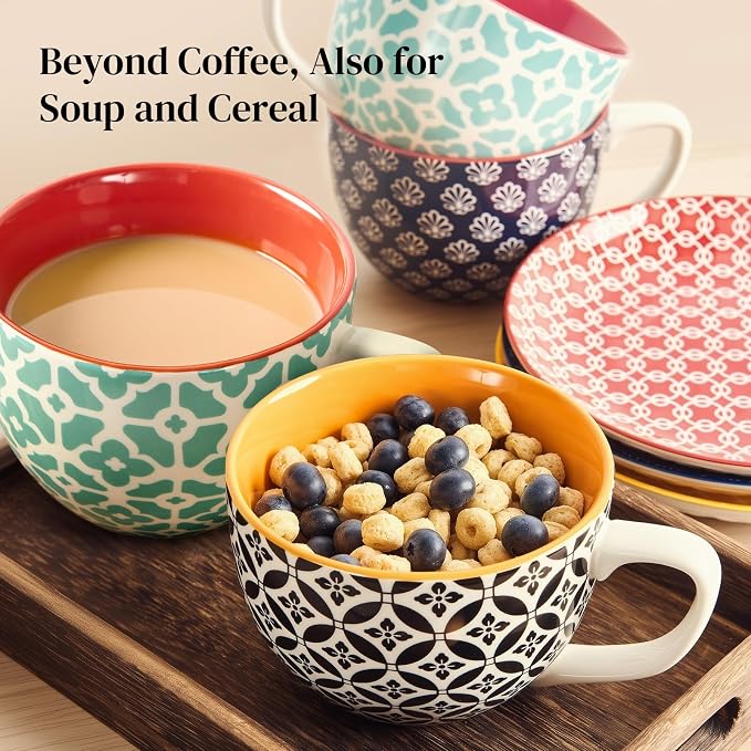 DOWAN 24 OZ Boho Mosaic Soup Mugs with Handle, Large Coffee Mugs Set of 4 | Six Design! Large Ceramic Mugs for Soup/Coffee/Cereal/Latte, Thanksgiving and Housewarming Gifts for Family and Friends