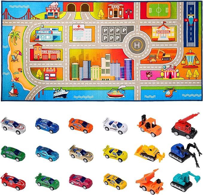 Booooom Jackson Kids Carpet Playmat Rug with 18 Toy Cars Kids Rug for Age 3+ Colorful Non Slip City Rug for Kids Track Rug Play Mat Playroom Bedroom Classroom Nursery Rug