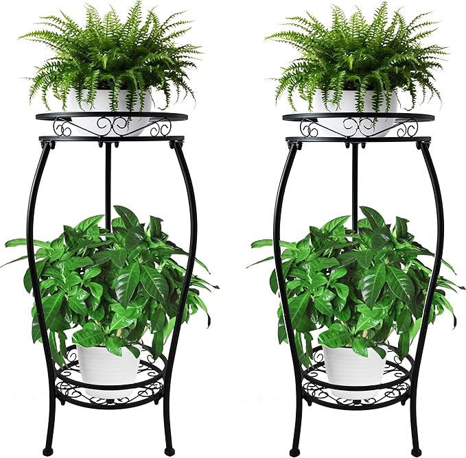 CASIMR 2Pack Plant Stand Indoor Outdoor, 2 Tier 26.6" Tall Metal Potted Holder Rack Multiple Flower Pot Stand Heavy Duty Plant Shelf Rustproof Iron Plant Round Supports Rack