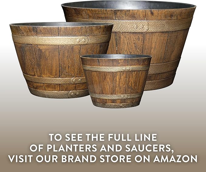 Classic Home & Garden Whiskey Barrel Planters - Wood Finish Flower Planter Pot - Stylish Garden Pots - Indoor & Outdoor Resin Planters - Weather-Resistant Planting Pot (20.5" Kentucky Walnut, 1- Pack)