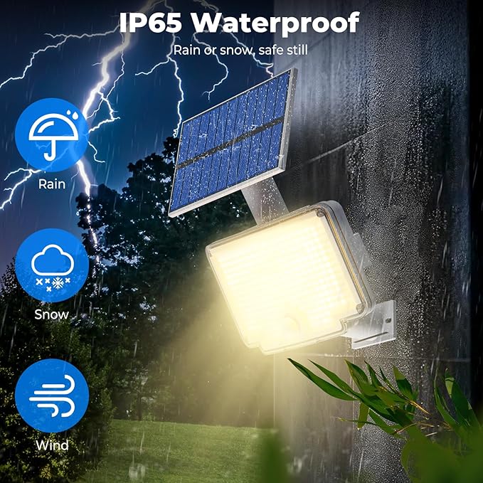 Peasur 2 Pack Solar Motion Lights Outdoor, 318 LED Solar Security Light with 3 Modes, IP65 Waterproof Powered Flood Lights for Outside Garden Backyard,Warm (White Frame)