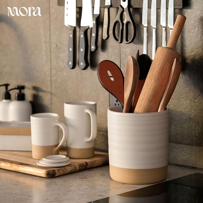 MORA Ceramics Large Tea Mug with Loose Leaf Infuser and Ceramic Lid, 18 oz, Portable, Microwave, Dishwasher Safe, Tall Coffee Cup - Rustic Matte Ceramic Glaze, Modern Herbal Tea Strainer, Oat