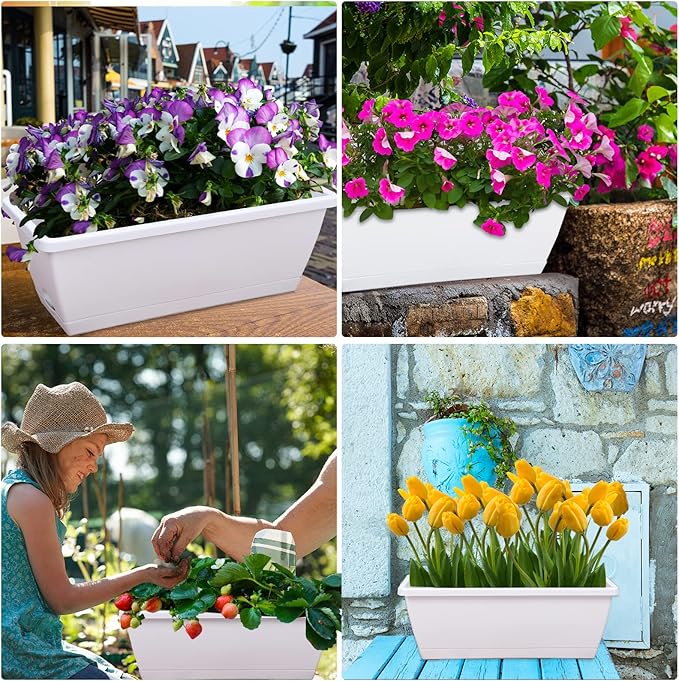 Window Box Planter, 7 Pack Plastic Vegetable Flower Planters Boxes 17 Inches Rectangular Flower Pots with Saucers for Indoor Outdoor Garden, Patio, Home Decor (White)