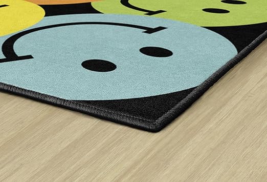 Flagship Carpets Schoolgirl Style Big Rainbow Smiley Faces Educational Area Rug for Kids Room Seating Décor, Children's Classroom, Play Carpet for Teaching and Playroom, 7'6" x 12', Black & Multi