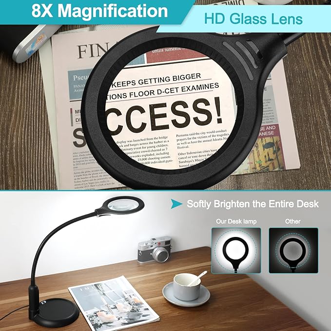 8X Magnifying Glass with Light and Clamp, 5 Color Modes Stepless Dimmable Lighted Magnifier with Stand, Flexible Gooseneck LED Desk Lamp Hands Free for Craft Reading Painting Hobby Close Work