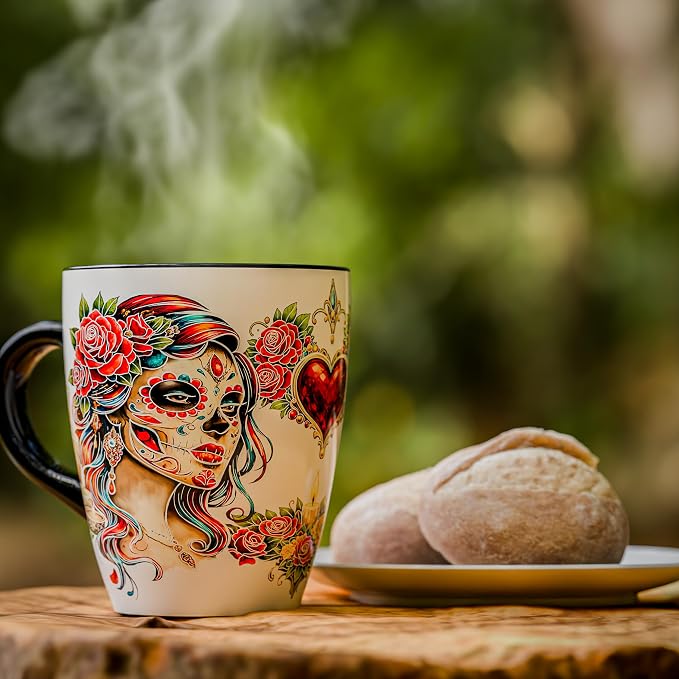Color Changing Sugar Skull Coffee Mug 12oz – Heat Sensitive Ceramic Cup with Day of the Dead Skull & Floral Design, Gothic Halloween Theme Mug, Unique Christmas Holiday Birthday Gift for Men & Women