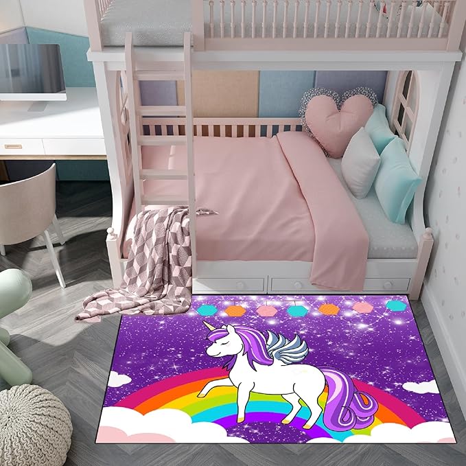 Unicorn Rugs for Girls Bedroom Unicorn Area Rugs for Girls Bedroom Rainbow Carpet Kids Unicorn Rugs for Bedroom Girls Living Room Floor Mat, Purple, 3'×5'