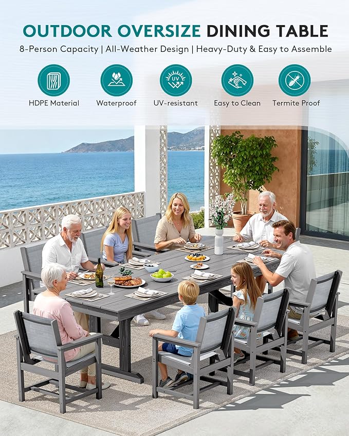SERWALL 9 Piece Outdoor Dining Set, 84" HDPE Outdoor Large Table and Texilene Chairs for 8,All Weather Patio Dining Furniture Set with Umbrella Hole for Backyard, Garden, Gray