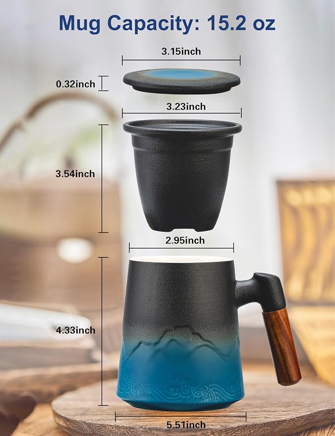 suyika Tea Cup with Infuser and Lid, 15.2 Ounce Wood Handle Ceramic Loose Leaf Mug Gradient Black&Blue 450ml