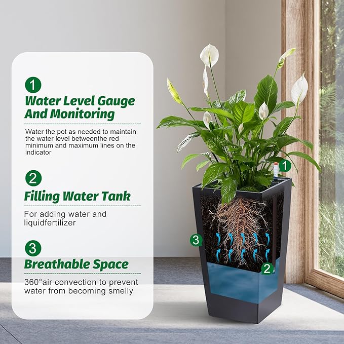 GarveeLife 16 in Tall Planters Set of 2, Outdoor&Indoor Black Planter Pots, High Front Porch Planter Pots with Drainage Holes&Water Level Monitor&Inner Bucket, Automatic Watering,Black