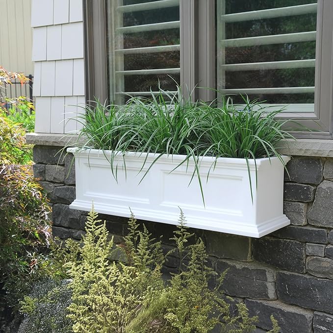 Mayne Fairview 3ft Durable Self Watering Window Box Planter with Wall Mount Brackets, UV & Weather Resistant, Double Wall Design, New England Architecture for Outdoor Décor, White
