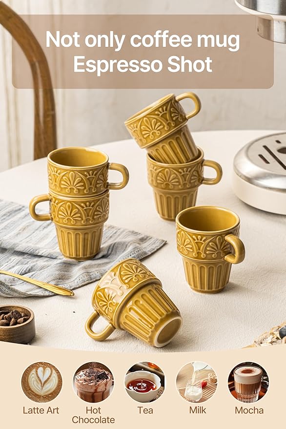 Cappuccino Cups, Espresso Cups, Stackable Mug Set of 6, Ceramic Coffee Mug 6 OZ Khaki for Hot Drinks Milk Dessert, Suitable for Home office Restaurant, Perfect for Holiday & Housewarming Present