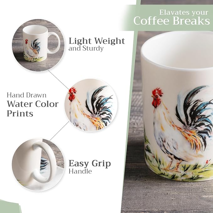 Maison d' Hermine Coffee Mug with Handles Tea Cups (12 Ounce, Pack of 1) | Fine Bone China Coffee Mugs for Hot Beverages Cappuccino Latte Home Restaurant Hotel Spring Summer -Campagne - Coq