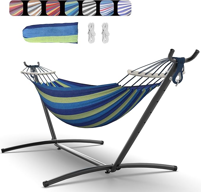 Double Hammock with Space-Saving Steel Stand, 2 Person Heavy-Duty Hammock for Garden, Yard or Outdoor, 600lbs Capacity, Wide Blue