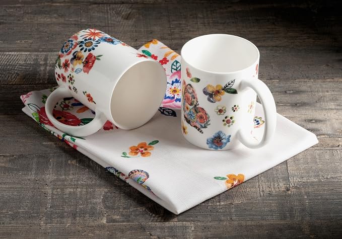 Maison d' Hermine Coffee Mug with Handles Tea Cups (12 Ounce, Pack of 2) | Fine Bone China Coffee Mugs for Hot Beverages Cappuccino Latte Home Restaurant Hotel Spring Summer -Happy Florals - Sweety