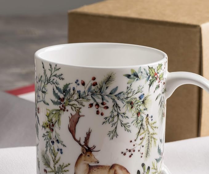 Maison d' Hermine Coffee Mug with Handles Tea Cups (15 Ounce, Pack of 1) | Fine Bone China Coffee Mugs for Hot Beverages Cappuccino Latte Home Restaurant Hotel Spring Summer -Holly Time - Cerf