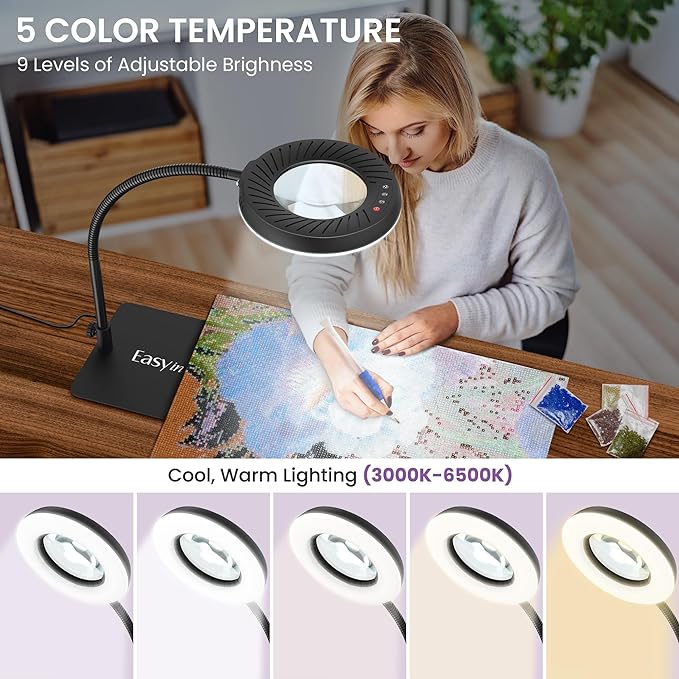 EASYINBEAUTY 8X Magnifying Glass with Light and Stand, 5 Color Modes & 9-Level Dimmable, 2-in-1 LED Magnifying Desk Lamp with Clamp, Gooseneck Magnifying Light for Crafts Hands Free, Close Work, Read