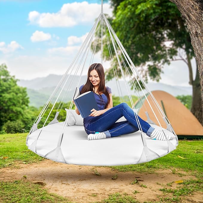 Sorbus 56" Stylish Hanging Swing Nest - Premium Cotton Double Hammock Daybed Saucer Style Lounger Swing Chair- 264lbs Sturdy Spinner Tree w/Pillow - Easy Setup - for Indoor/Outdoor, Travel - White