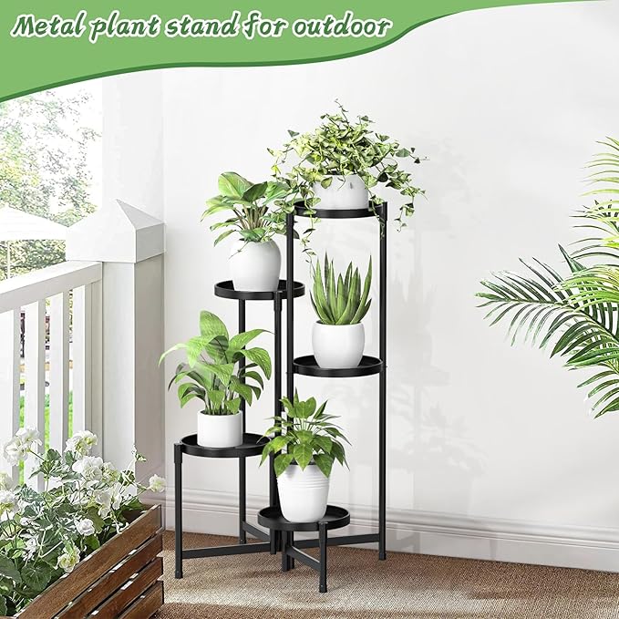 MOKANI Metal Plant Stand Indoor Outdoor for Multiple Plants, 5 Tiered Folding Corner Shelf Tall Flower Pot Holder Display Rack for Patio Living Room Balcony Garden, Black