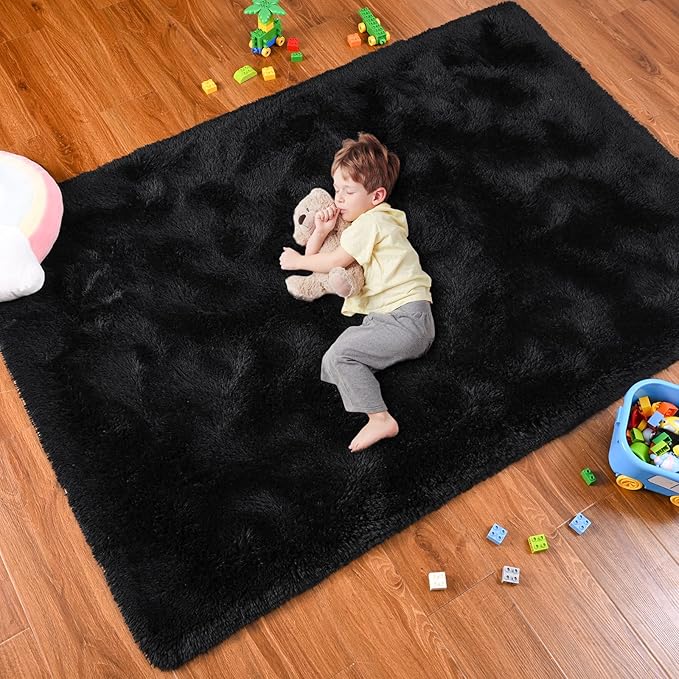 Softlife Rug for Living Room 5.3x7.6 Feet Area Rug for Bedroom Super Soft Shaggy Rugs for Kids Room Fluffy Fuzzy Carpets Long Plush Bedside Rug Nursery Christmas Home Decoration for Boys Girls, Black