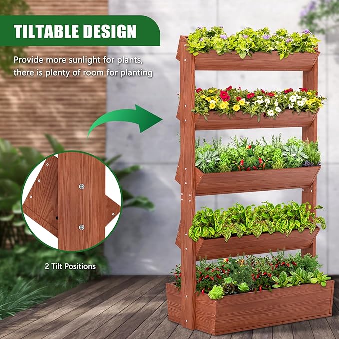 Wooden Vertical Raised Garden Bed, 5 Tier Garden Planters Raised Beds Freestanding Plant Stand Flower Rack Wooden Planter Box for Plants Herbs Flowers Vegetables Outdoor Indoor Gardening