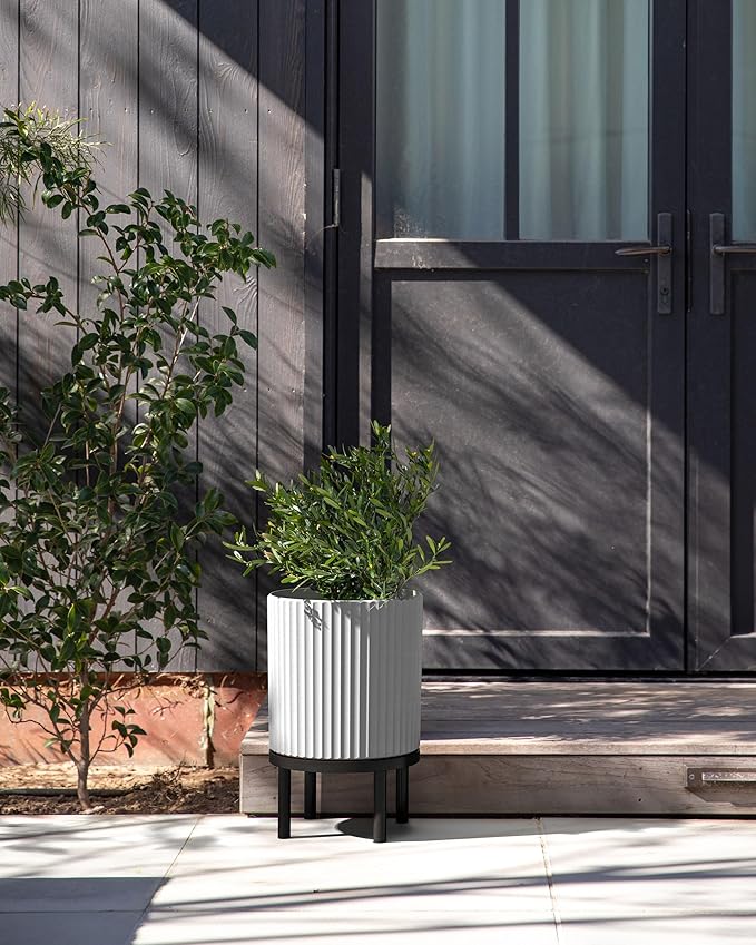 Veradek Demi Series Round Planter w/ Stand for Porch/Patio | Durable Plastic-Concrete & Wooden Stand | Modern Décor for Tall Plants, Flowers
