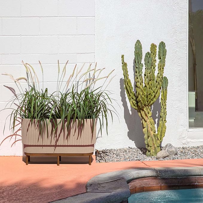 Veradek Demi Series Raised Long Planter for Indoor/Outdoor Use | Made from Plastic & Stone w/Wooden Stand | Modern Patio Décor for Flowers/Shrubs